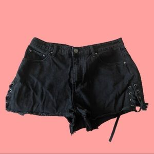 Black Denim Shorts Side Slit Tie